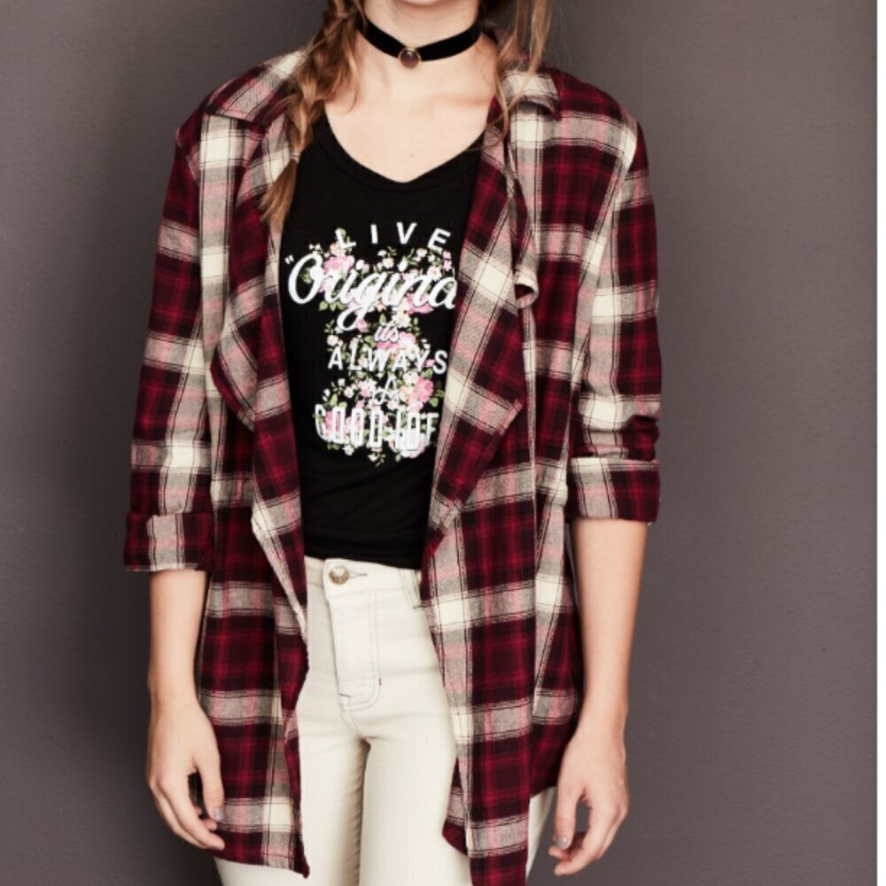 Wild Blue Sadie Robertson Red Plaid Cardigan Completer Shirt Top Sz S